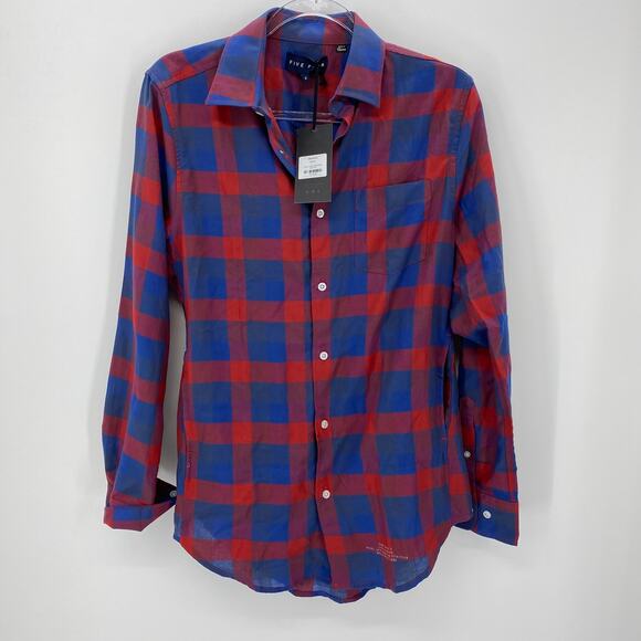 New FIVE FOUR Mens Long Sleeve Plaid Shirt  Size S Shacket Pockets Red Blue - Picture 1 of 8
